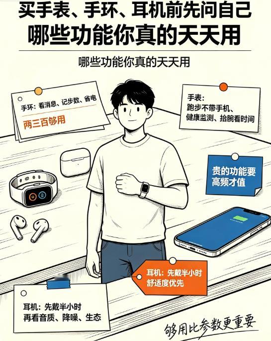 不同价位手表手环耳机怎么选别为了买而买，先搞清楚自己到底用得上什么，再谈预算。手