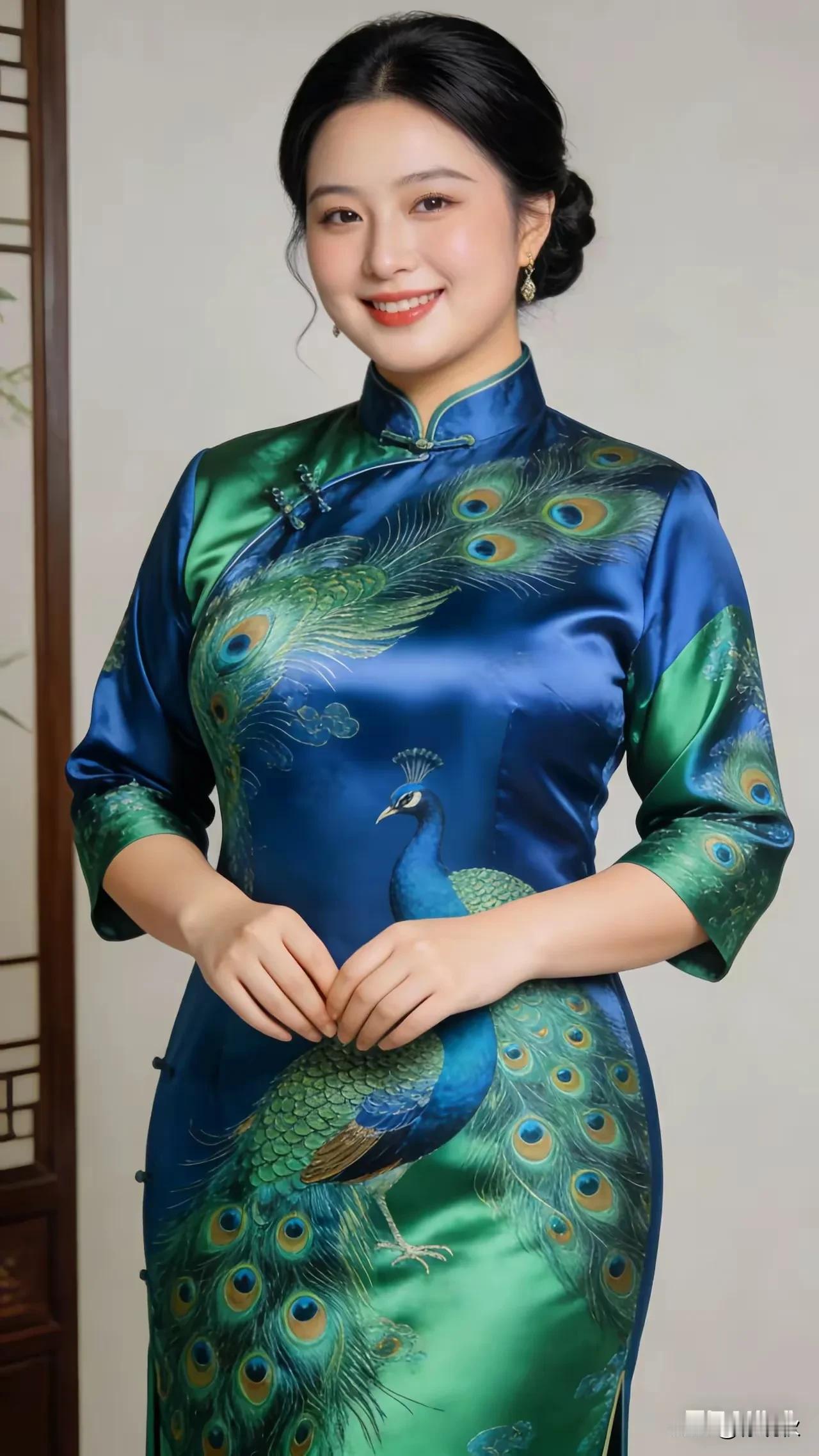 旗袍之美，绿色凤凰
七分之袖，移不开眼
色彩搭配，一缕海风
蓝绿碰撞，祥瑞高雅