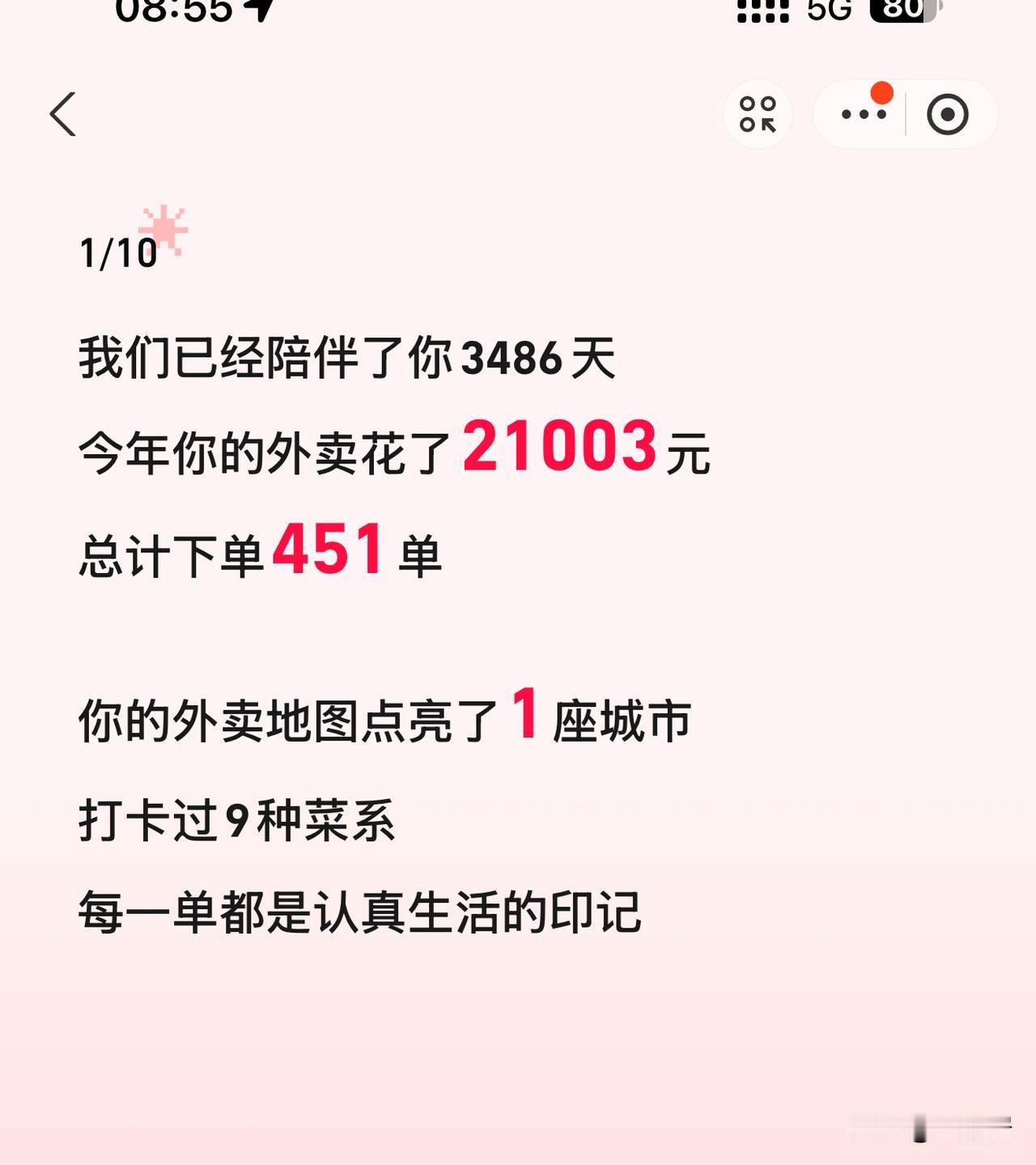 今年点外卖花了2.1万元？比去年好像多了一点吧，今年很多时候我们都是在家自己买菜