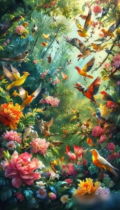 醉卧花间听鸟语，
高攀山上嗅花香。
横批：《听鸟语与嗅花香》