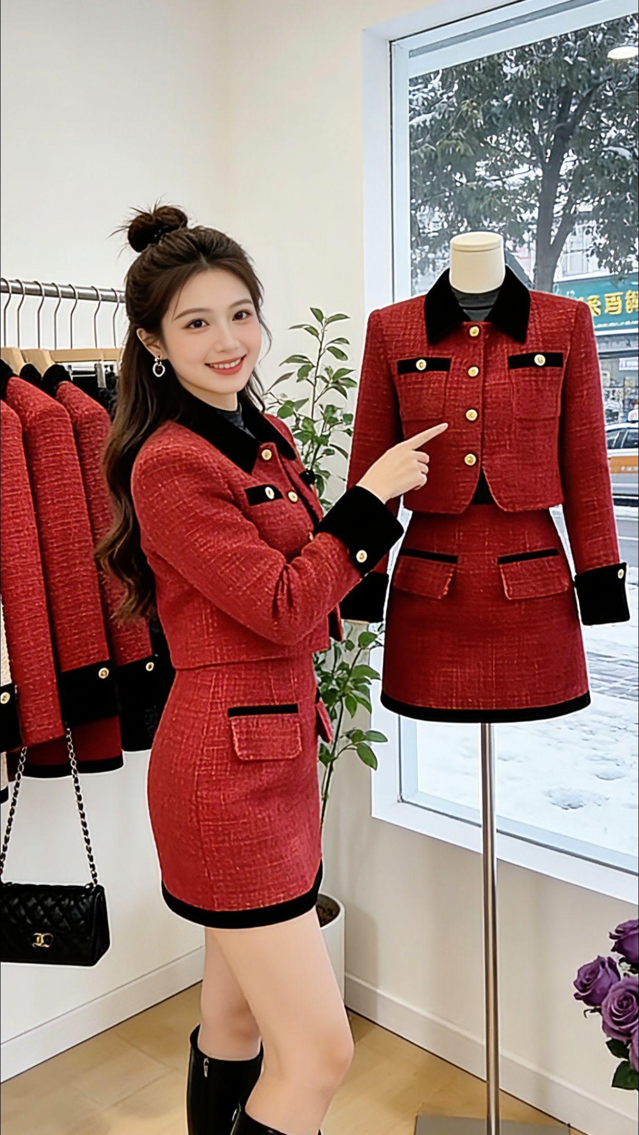 跟着Danny解锁秋冬氛围感穿搭！从服装店一眼相中这套红黑小香风套装，粗花呢面料