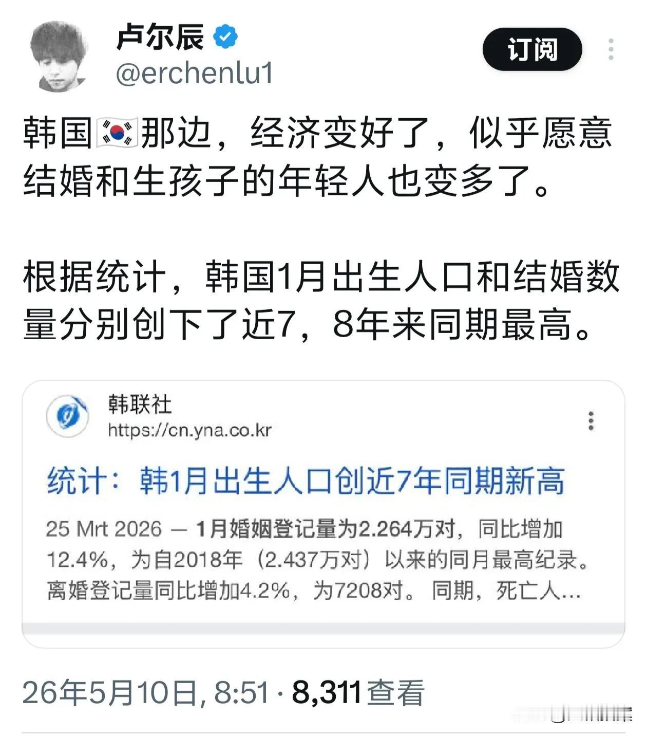 韩国今年经济好转，导致愿意结婚和生育的人数也变多了。根据《韩联社》报道，今年一月