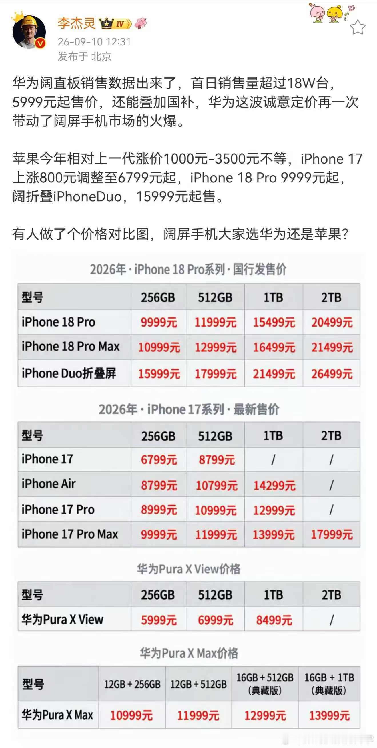 李杰灵谈iPhone涨价阔屏手机怎么选 iPhone 18系列涨价1000-35