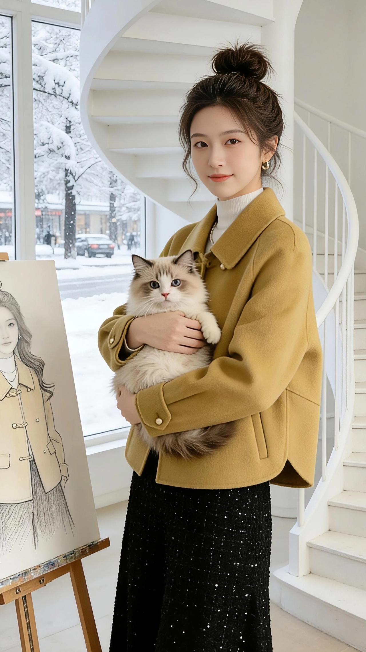 冬日光景
 
雪落满了窗外的街景，我拢了拢身上姜黄色的大衣，指尖触到柔软的羊毛，