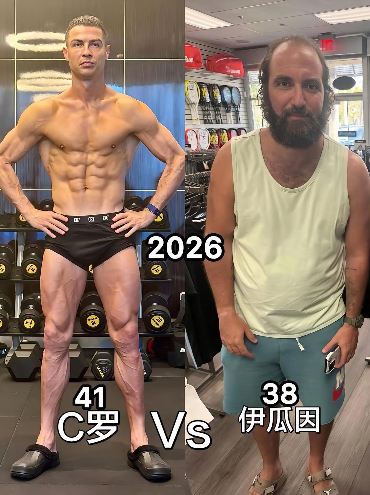 C罗在体育界绝对是个另类，别人41岁早已是“将军肚”挂着的了，他倒好，依然是八块