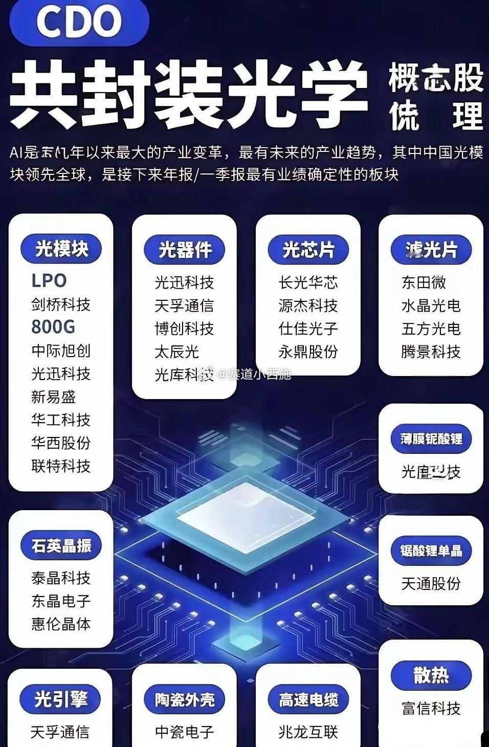 CPO（共封装光学）核心概念股梳理一、光模块（核心应用）- 中际旭创(30030