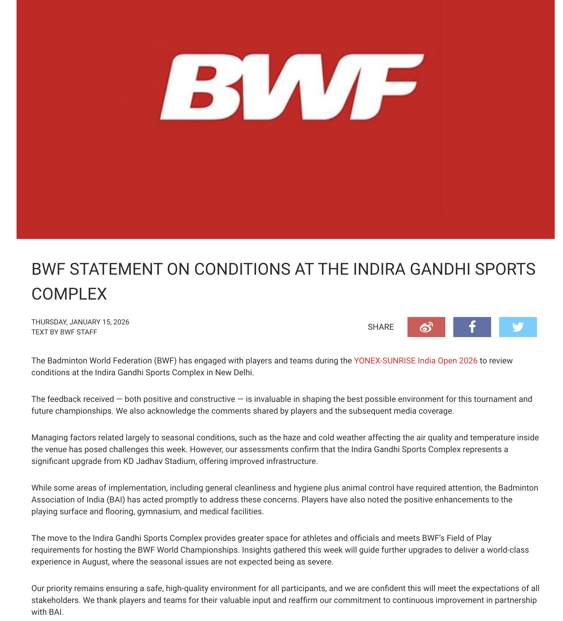 【世界羽联关于印度公开赛比赛场馆的声明】 世界羽毛球联合会（BWF）已于2026