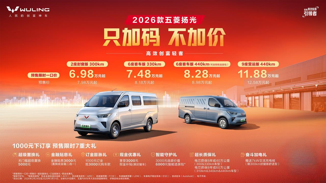 近日，2026款五菱扬光正式开启预售。作为高效创富轻客，新车实现了“续航、动力、