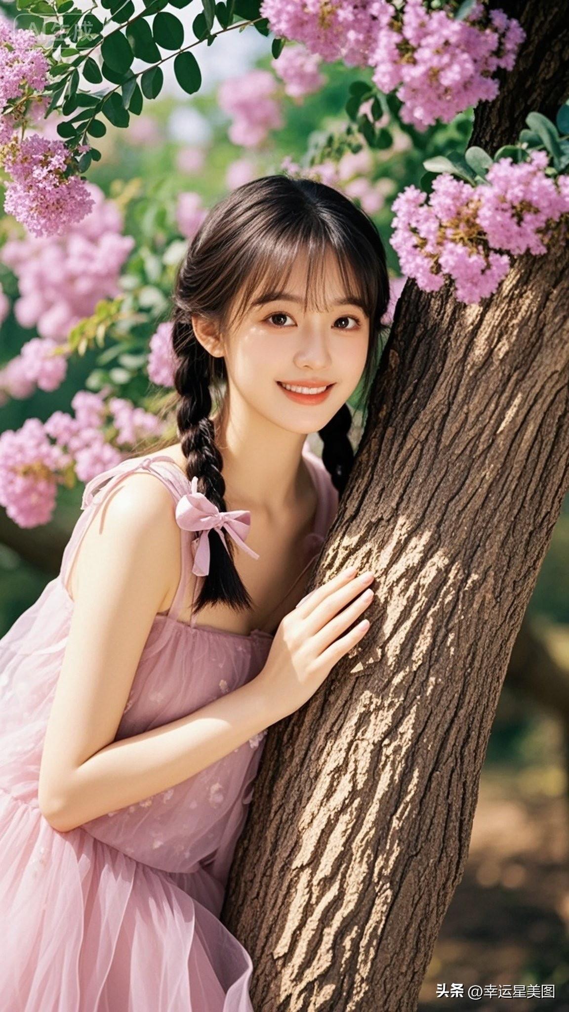 一个女孩在花丛中微笑。
