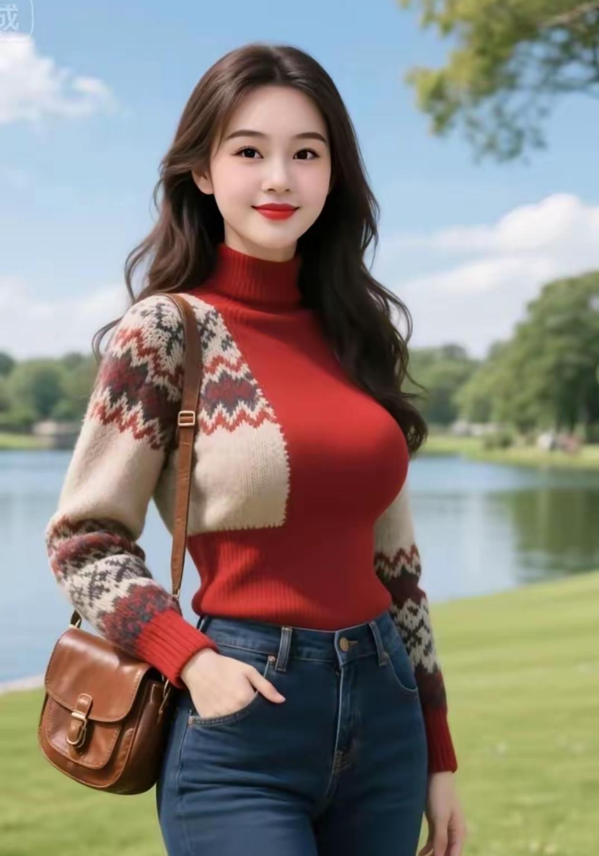 湖畔那复古暖红诗行
她站在湖畔青草地，红调高领毛衣就像把秋日暖阳穿身上。衣袖几何