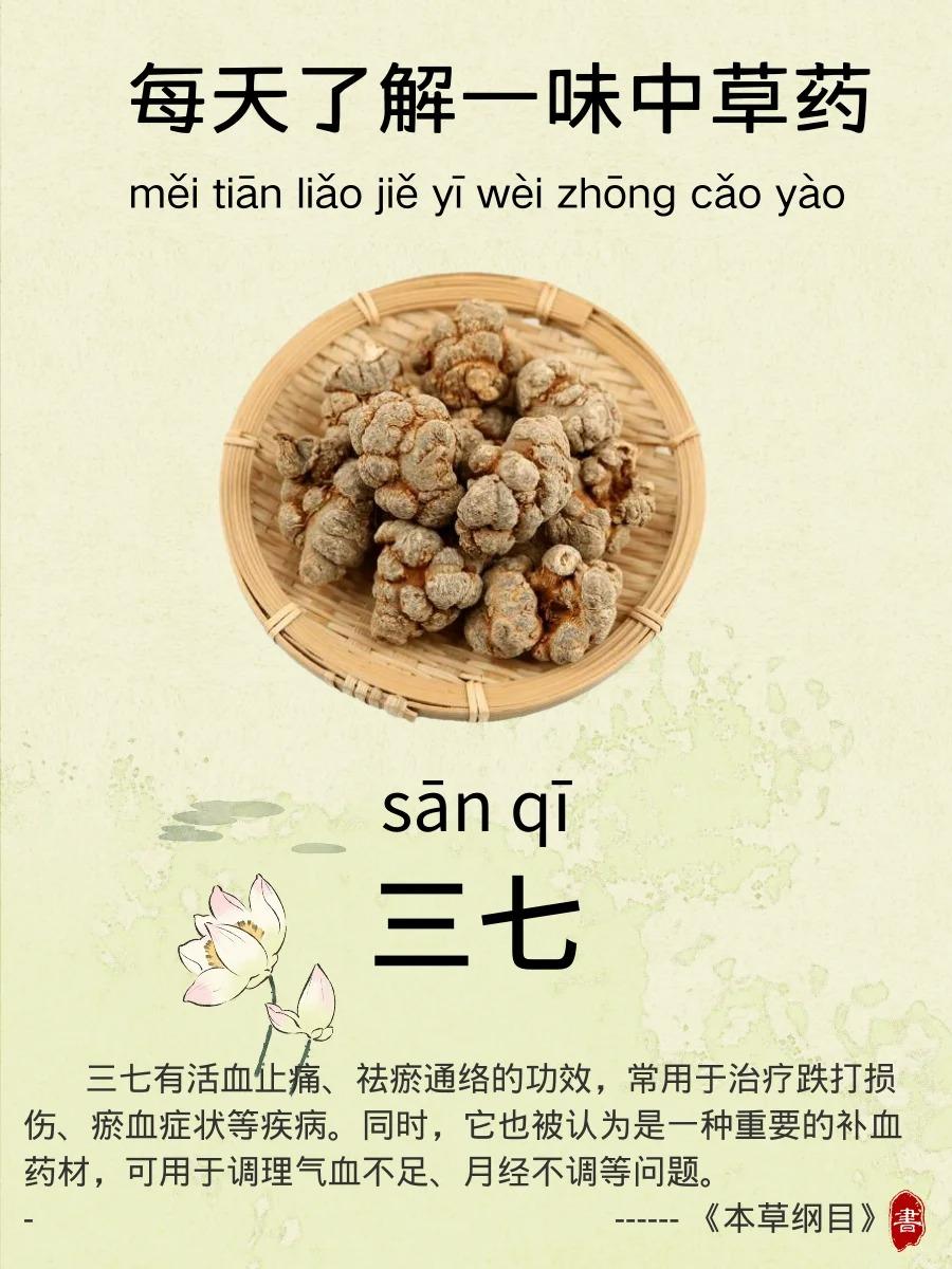 每天了解一味中草药--三七
🌟药材性味归经：
性味：苦、辛、微温。
归经：归肝