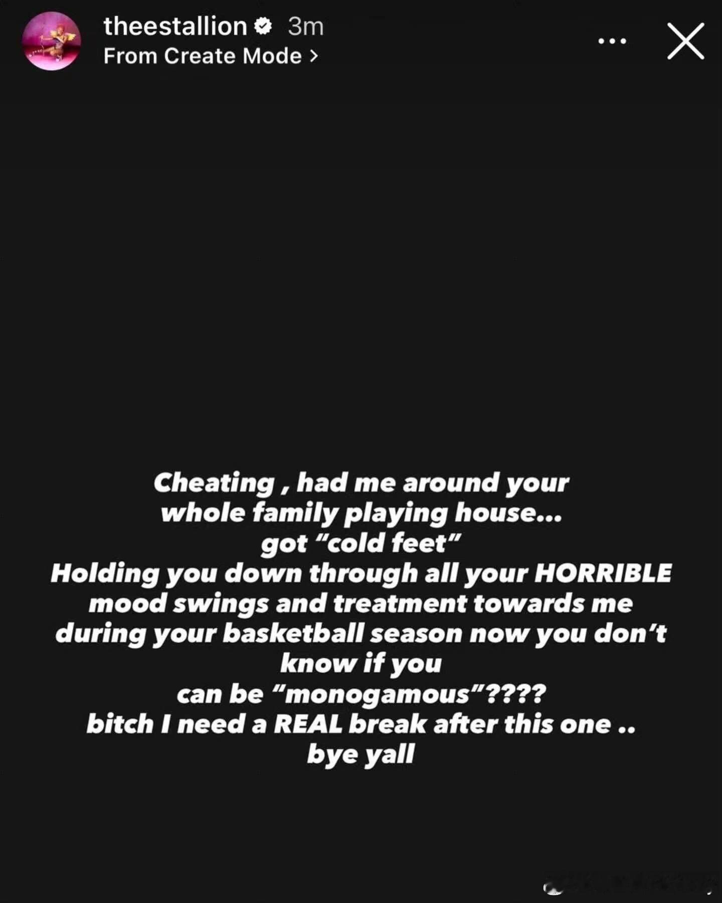 马冬梅发布社交媒体痛斥克莱，表示已经和克莱汤普森分手，原因是后者出轨。😳她写道