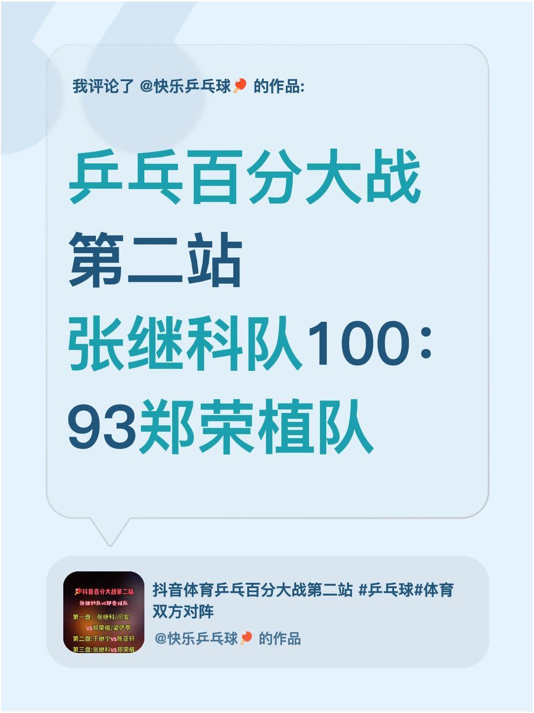 我评论了@快乐乒乓球🏓 的作品：
乒乓百分大战第二站
张继科队100：93郑荣