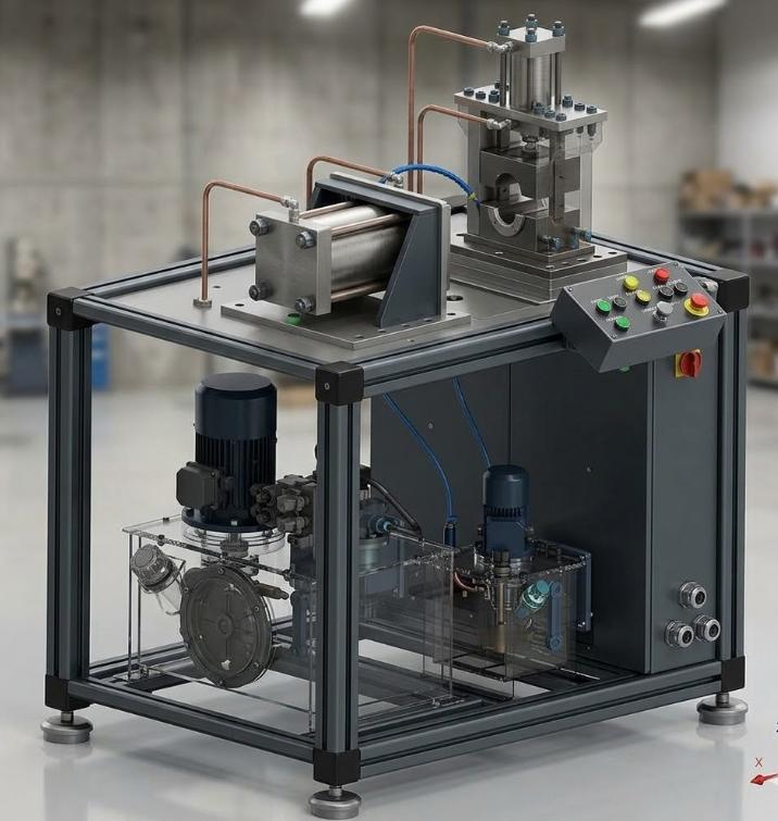 自动管端成型机设计三维模型：
这台机器专为管材端部加工而设计，功能涵盖扩口、缩口