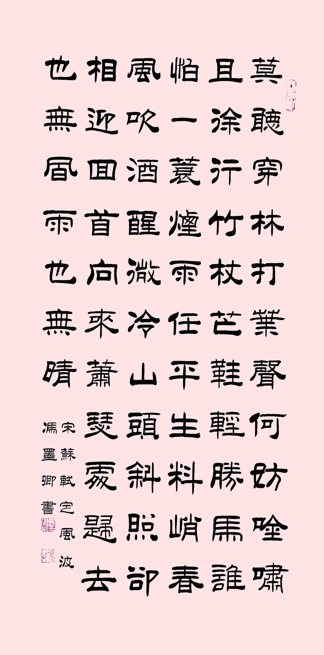 莫听穿林打叶声，何妨吟啸且徐行。竹杖芒鞋轻胜马，谁怕？一蓑烟雨任平生。
料峭春风