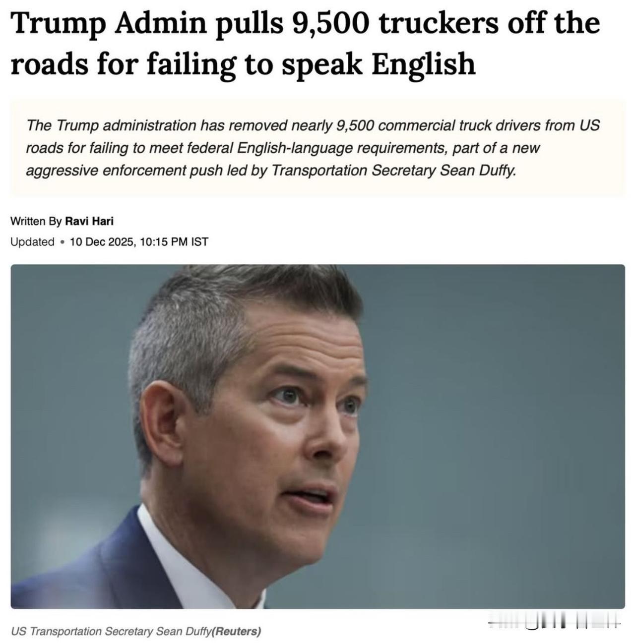 美國總統川普今年上任後，便簽署行政命令，只要卡車駕駛不會說英文，無法達到英語能力