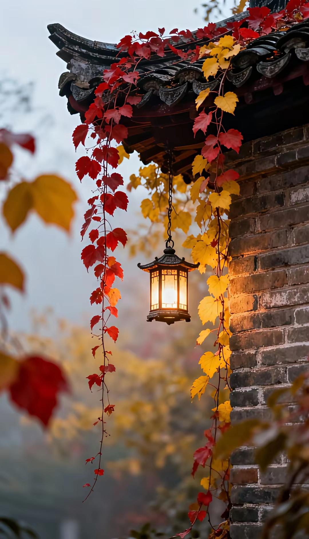秋意浓浓，红叶飘摇，古风灯笼照亮了岁月静好。