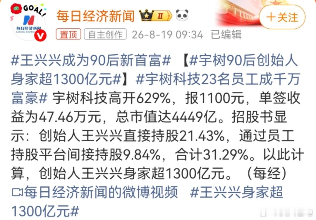 宇树90后创始人身家超1300亿元这个瓜比较有意思……按道理来说，应该是个大吉瓜
