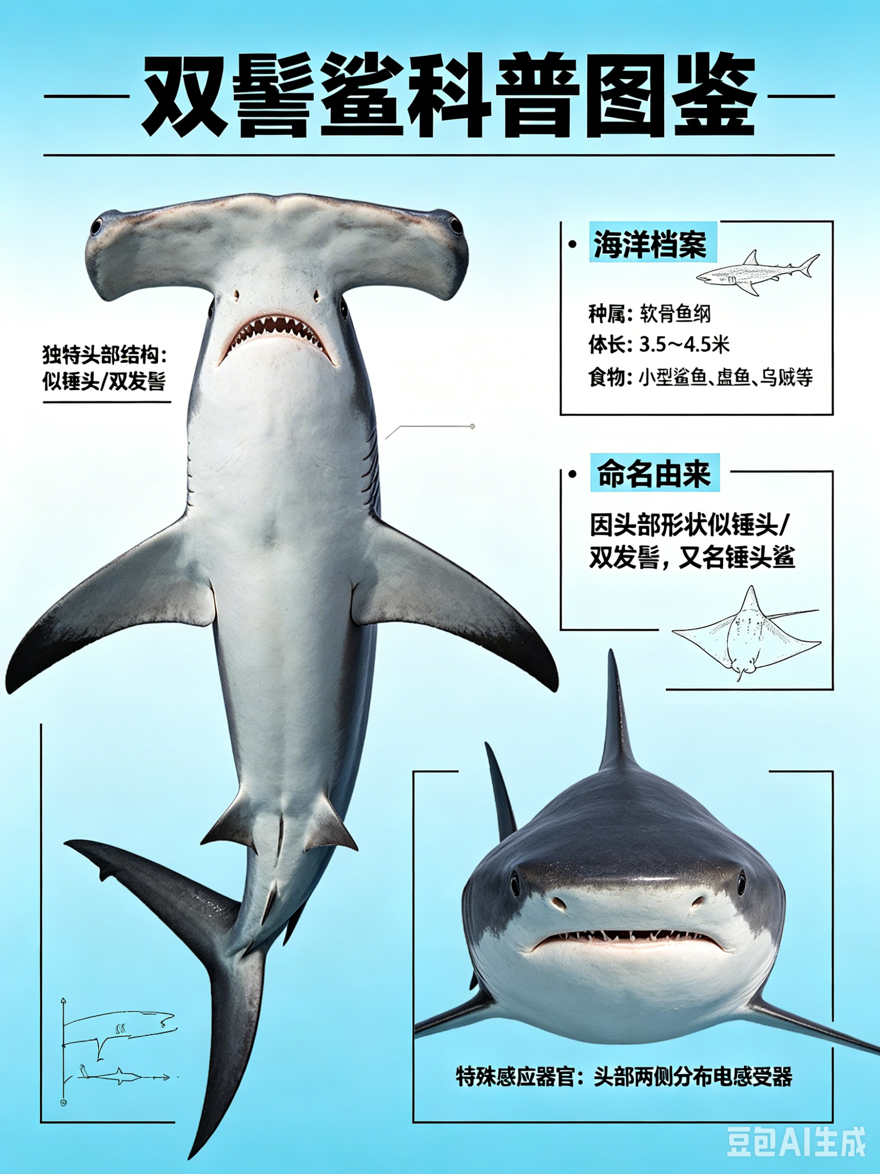 海洋朋友圈 双髻鲨海洋档案种　属：软骨鱼纲体　长：3.5～4.5米食　物：小型鲨