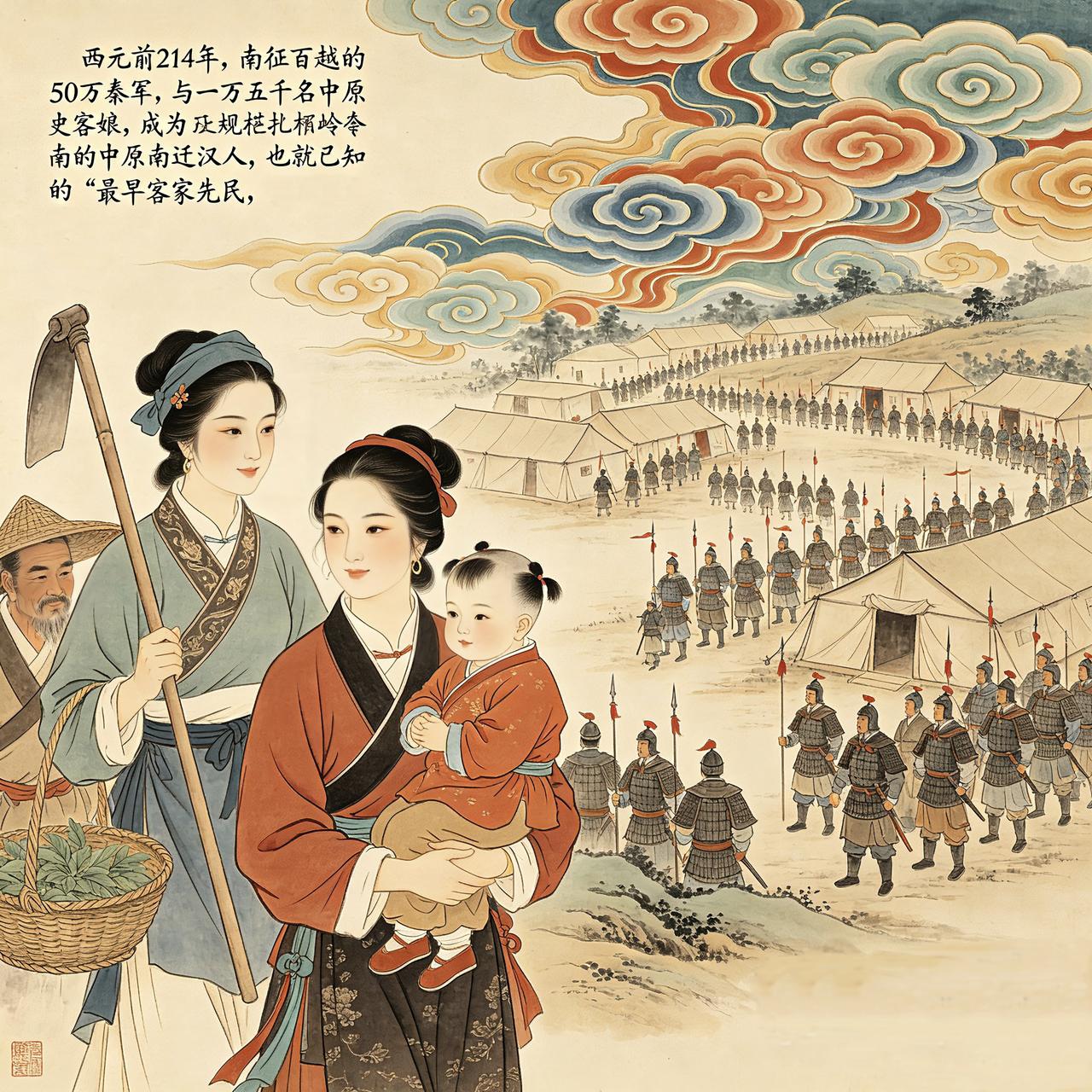 西元前214年，南征百越的50万秦军，与一万五千名中原客娘等中原移民，是正史中记