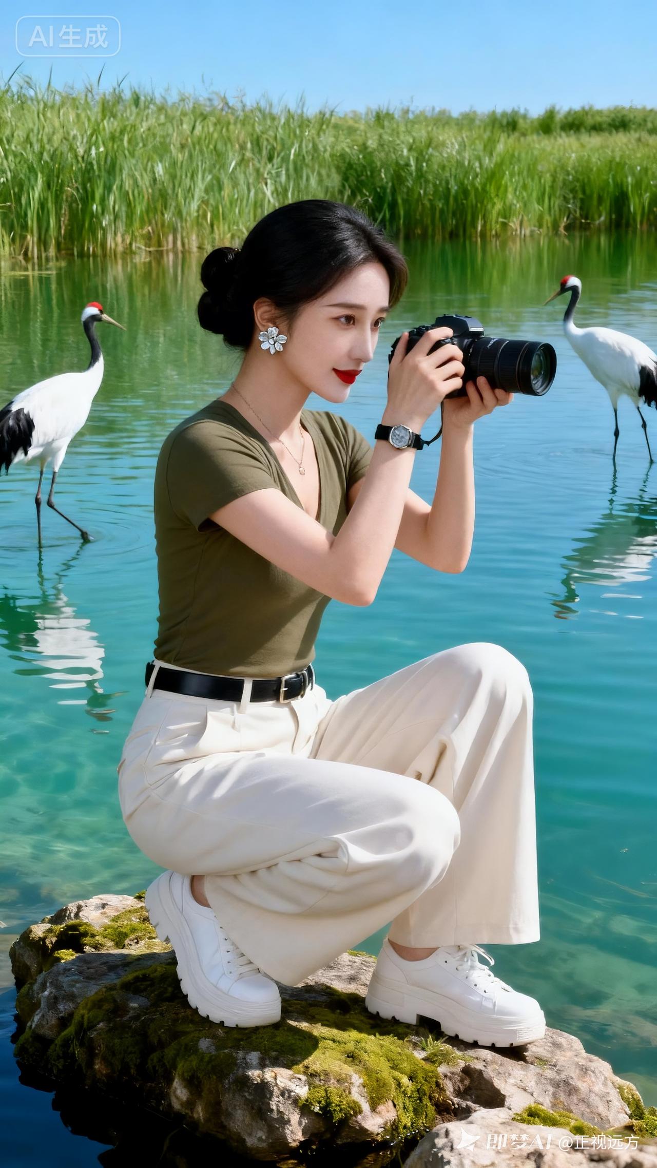 冷白皮温婉东亚女子盘黑发，红唇精致，橄榄绿上衣配米白阔腿裤，蹲青苔岩举单反笑拍湖