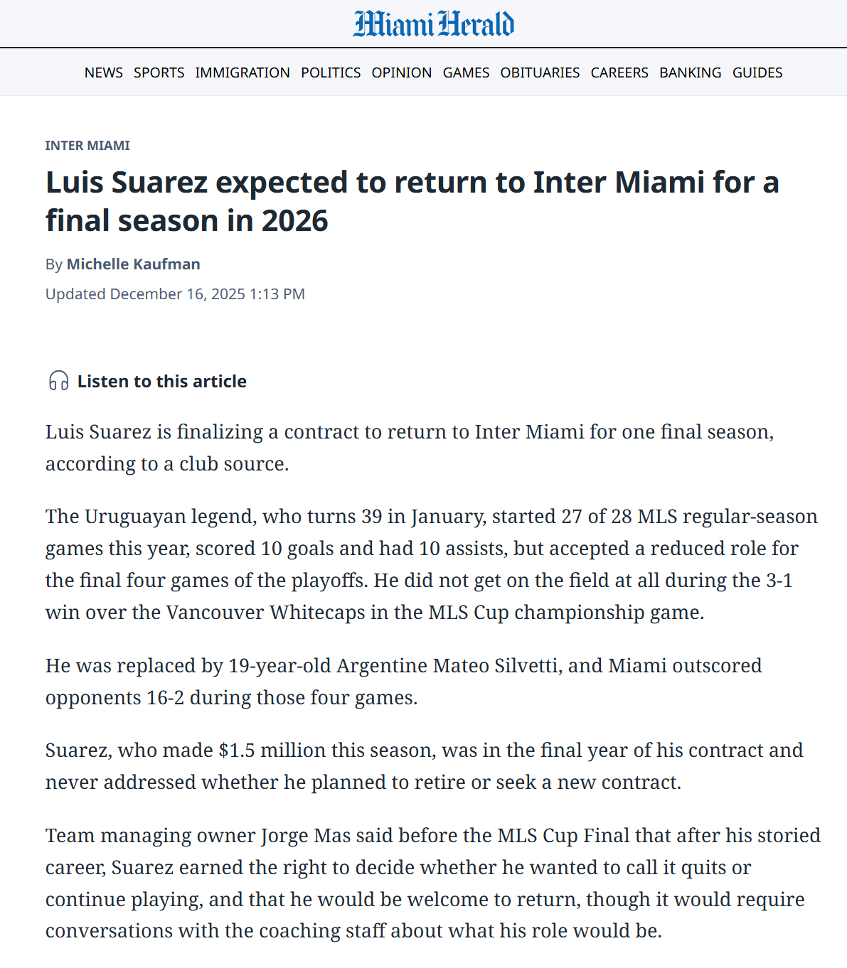 【转会动态】迈阿密先驱报：据俱乐部消息人士透露，苏亚雷斯正与球队敲定续约合同，将