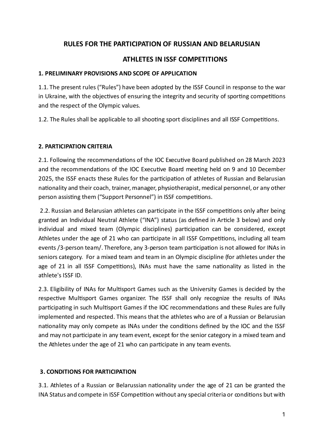 国际射联对俄罗斯和白俄罗斯运动员的参赛规则做了调整，21岁以下的俄罗斯和白俄罗斯