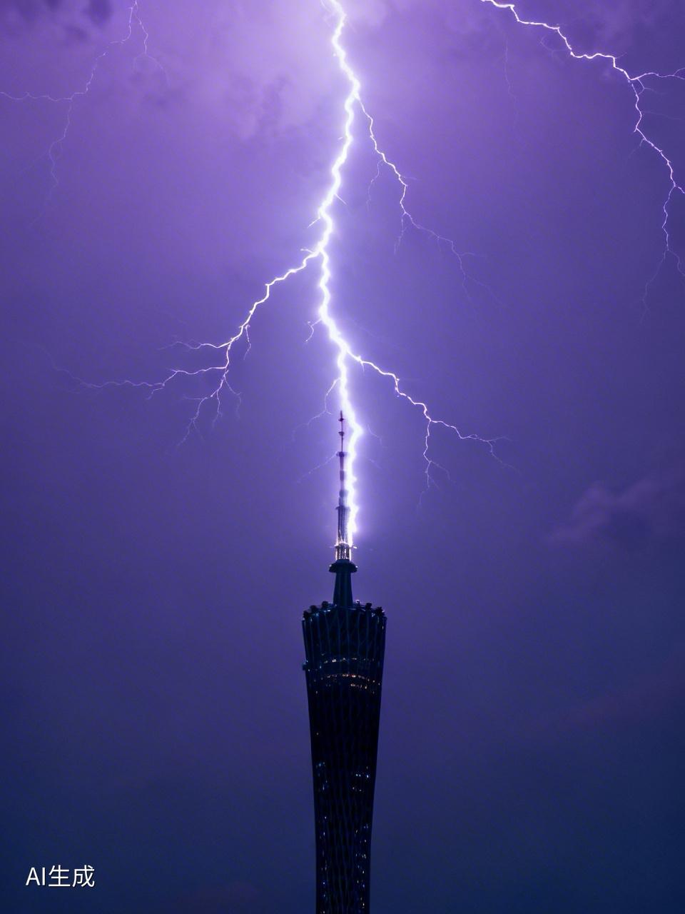 广州塔接闪电的瞬间，那景象简直绝了，震撼程度直接拉满！之前看到相关视频，一道粗壮