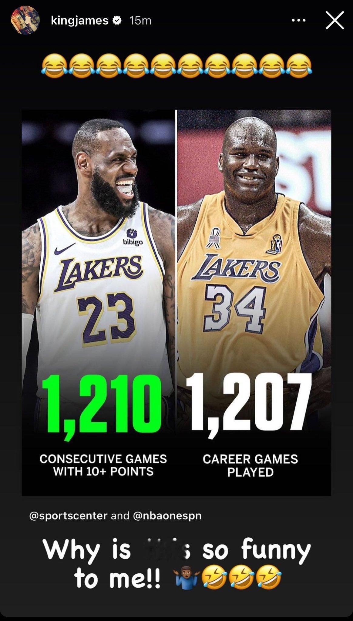 奥尼尔曾发表言论：没人害怕詹姆斯。詹姆斯更新ins：为什么这对我来说如此有趣。配