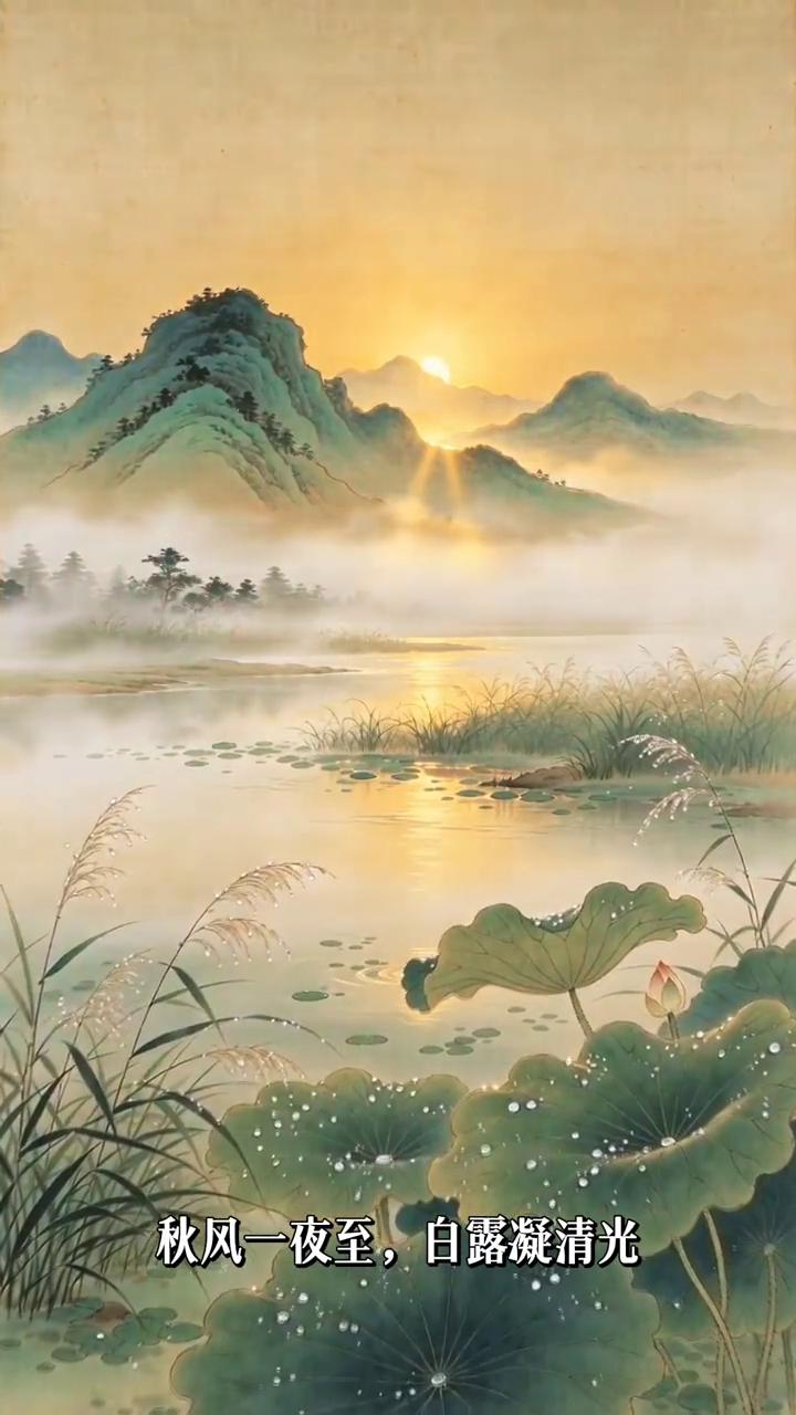 白露。
白露，古人最温柔的秋日诗意。
秋风一夜至，白露凝清光。
人间至此，昼暖夜