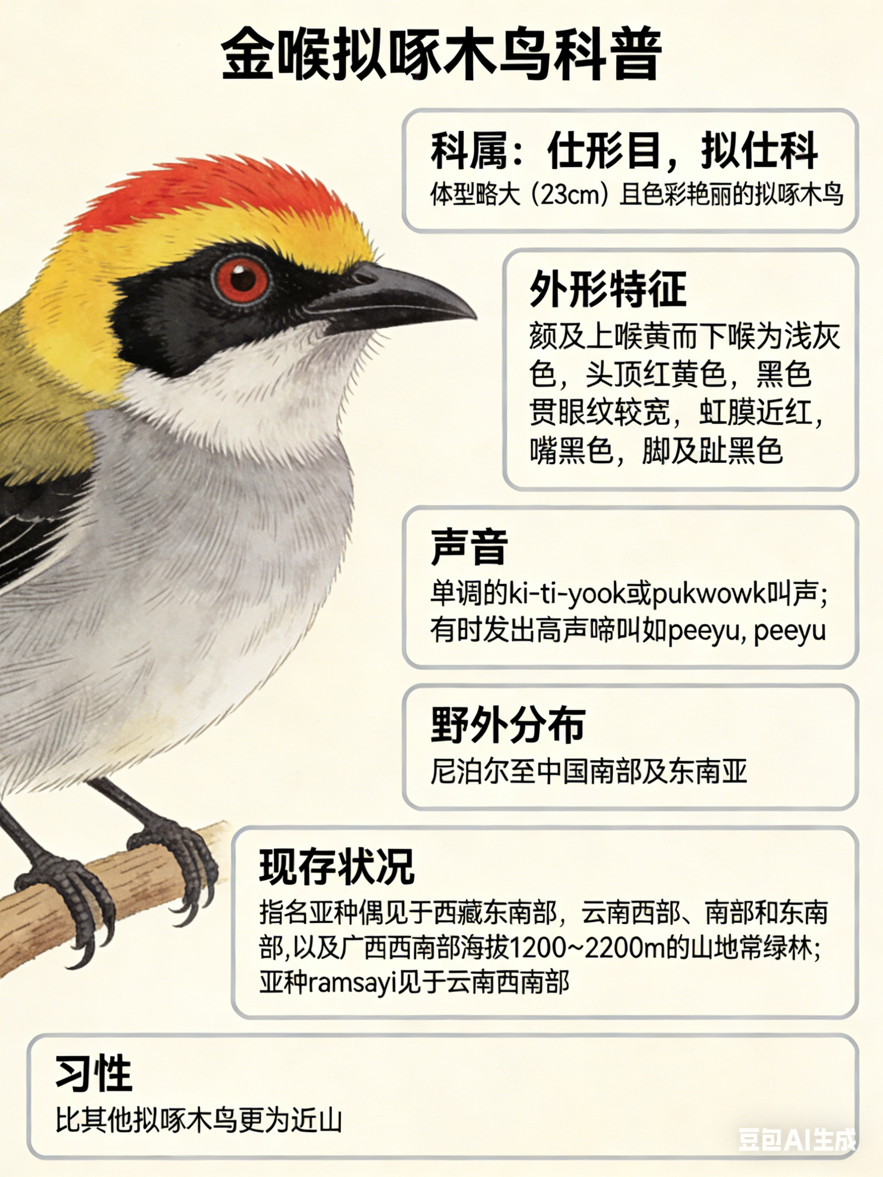 鸟类朋友图鉴 金喉拟啄木鸟·科属：￼形目，拟￼科。·外形特征：体型略大（23cm