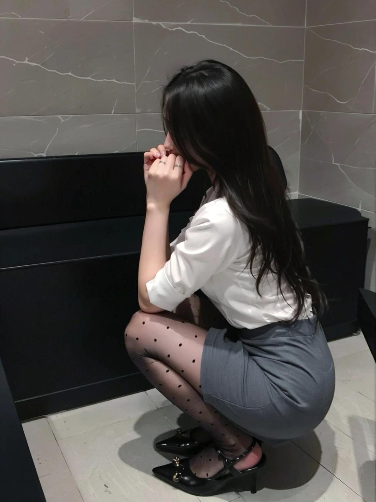 这套职业装由 白色衬衫 、 灰色包臀裙 、 波点丝袜 和 黑色高跟鞋 组成，整体