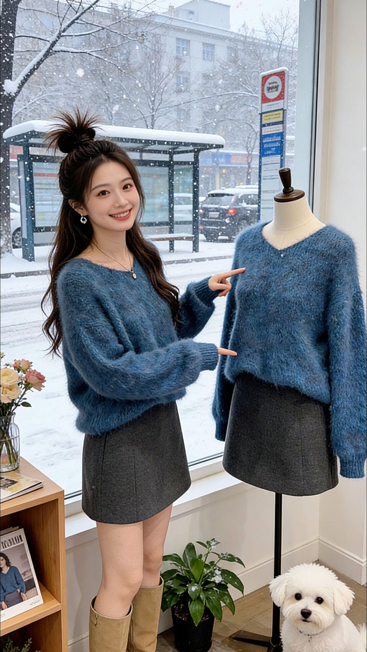 降温啦～这套韩系针织套装太适合秋冬了！雾霾蓝毛衣触感软糯，宽松版型藏肉显瘦，搭配