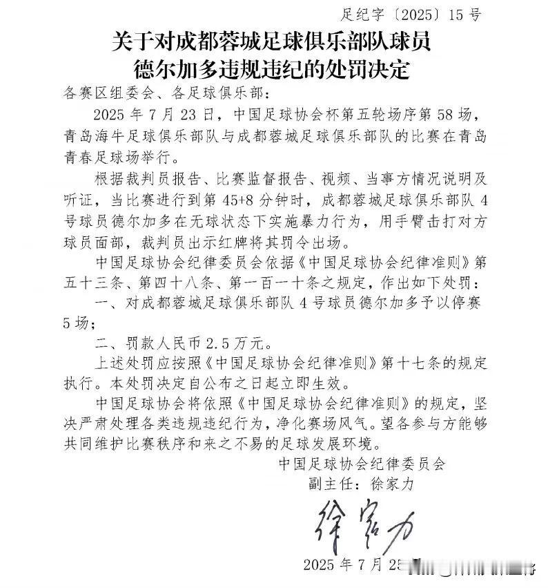 足协杯赛1/4决赛，成都蓉城客场对阵青岛海牛一战，德尔加多由于故意肘击海牛球员孙
