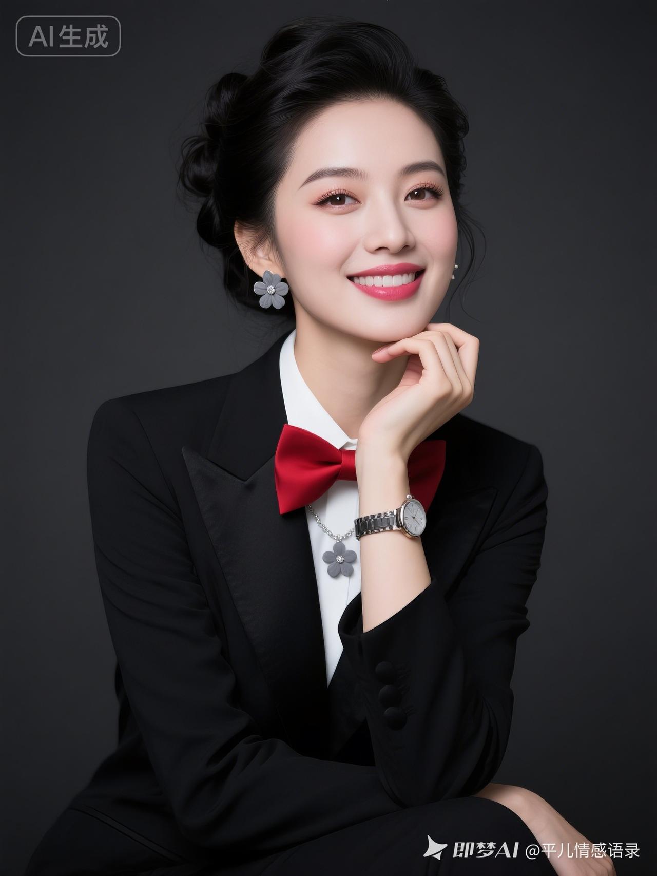 年轻靓女肤白貌美，黑发微乱盘起，浓妆精致，大眼眼线睫毛纤长，粉唇浅笑。着黑西装白