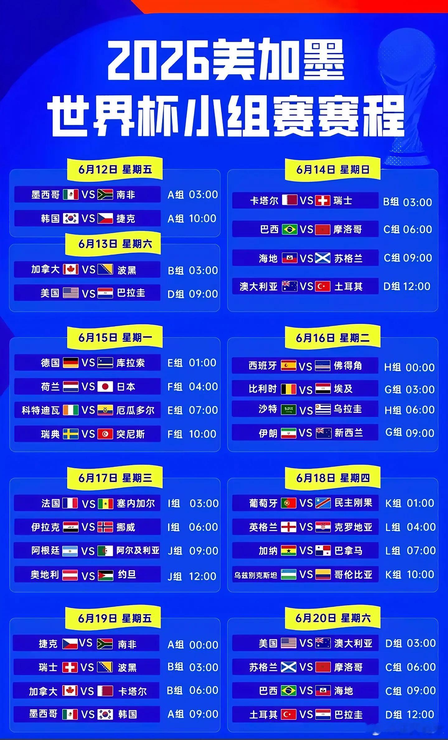 2026世界杯赛程来了，北京时间6月12日至7月20日在美国、加拿大、墨西哥三国