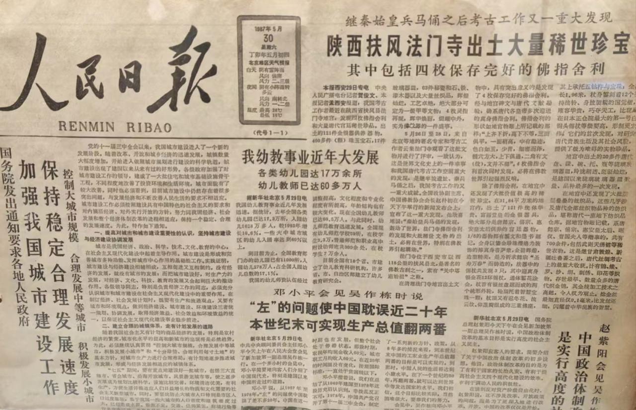1987年5月30日《人民日报》头版报道扶风法门寺出土大量稀世珍宝的新闻。