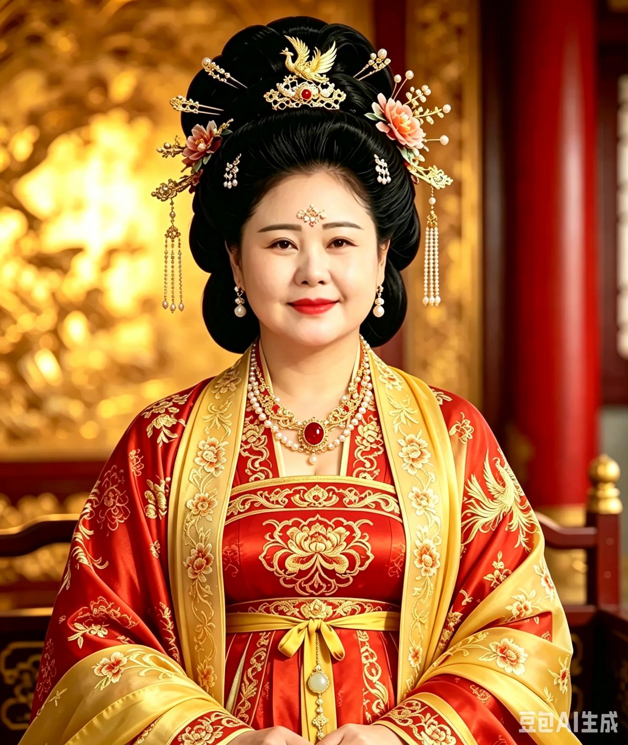 同样的富贵女人，戴个项链就更华贵了。而黄色镶边比绿色镶边更显得华贵。
我让豆包p