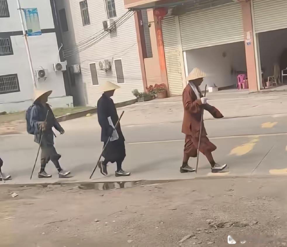 出门在路上撞见一队人，长这么大第一次见，实在好奇。
整支队伍排得整整齐齐，头戴斗