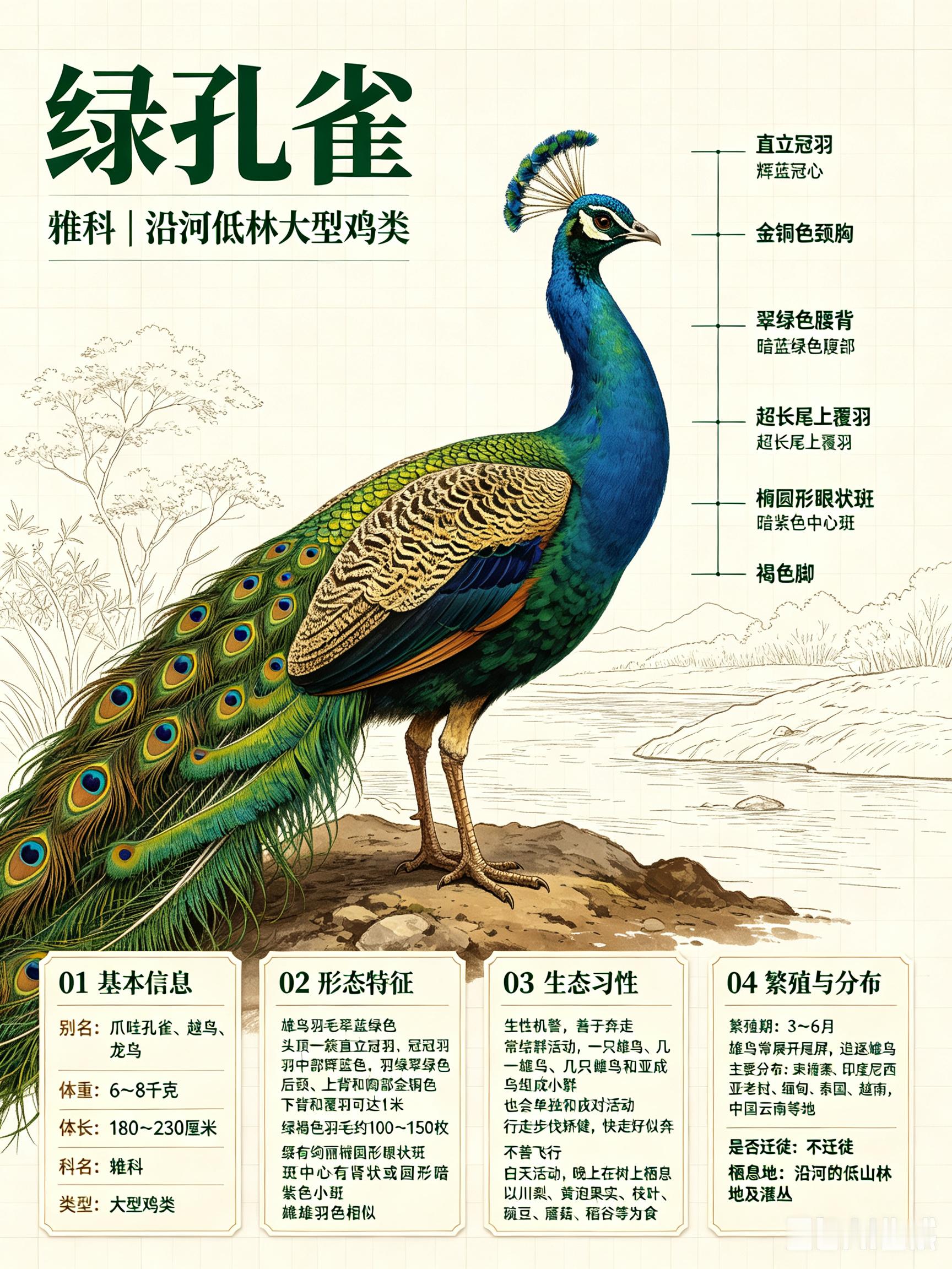 鸟类朋友图鉴 绿孔雀科名：雉科体重：6～8千克别名：爪哇孔雀、越鸟、龙鸟绿孔雀为