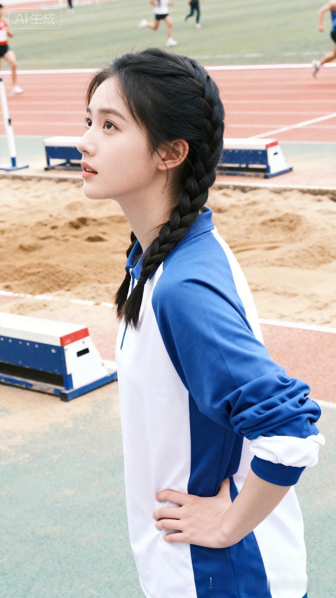 校园纪实风，白皙少女简单麻花辫，蓝白校服卷袖露细腕，侧身站在跳远沙坑旁，双手叉腰