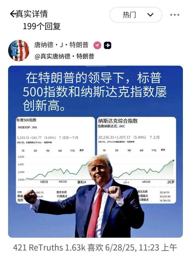 昨晚美股标普和纳指刚创新高，特朗普就迫不及待出来邀功了！说美股在他的领导下屡创新