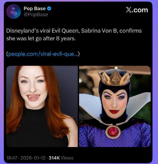 【毒皇后扮演者被解雇原因曝光】毒皇后扮演者让粉丝投诉迪士尼被解雇 加州迪士尼乐园