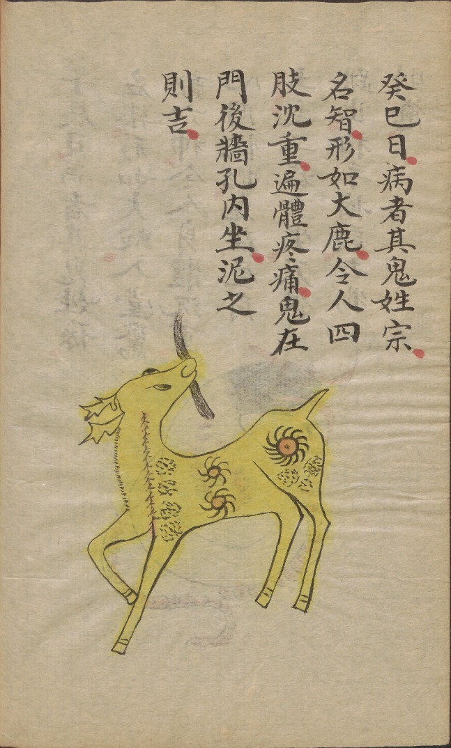 生活手记 癸巳日，病者其鬼姓宗，名智，形如大鹿，令人四肢沉重，遍体疼痛，鬼在门后
