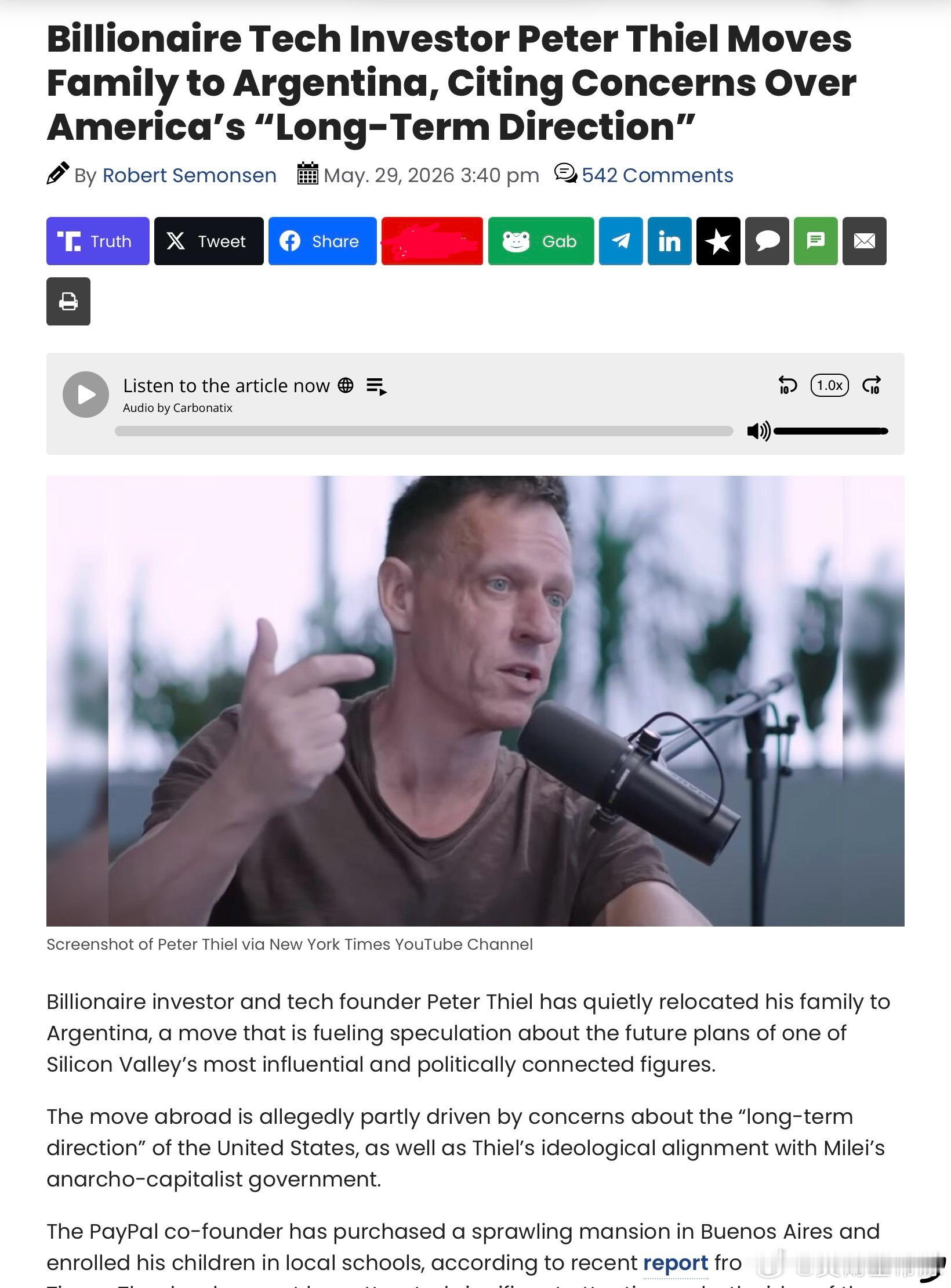 億萬富翁科技投資者Peter Thiel 舉家遷往阿根廷，理由是對美國「長期走向
