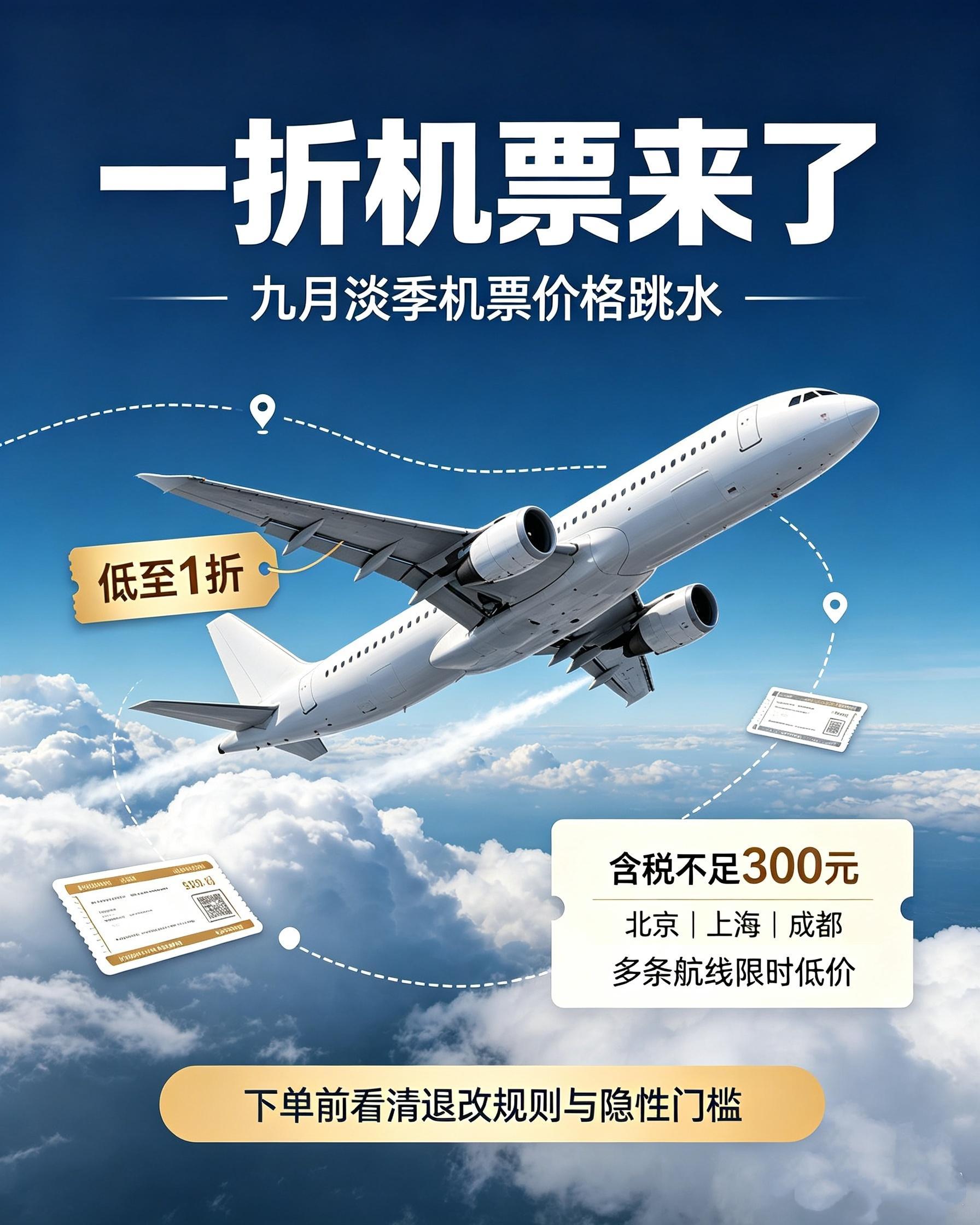 一折机票来了暑期落幕，国庆尚未到来，国内机票迎来9月淡季，价格大幅跳水。北京、上