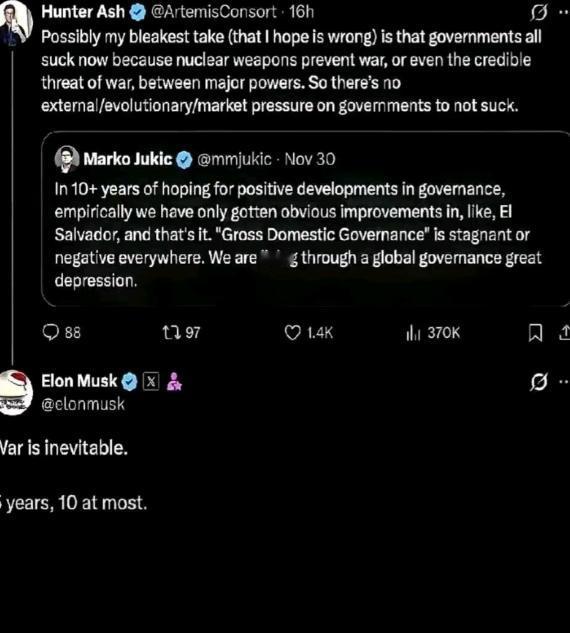 马斯克凌晨3点不睡觉，直接给全世界泼了一盆凉水。他在网上断言：战争无法避免，就在