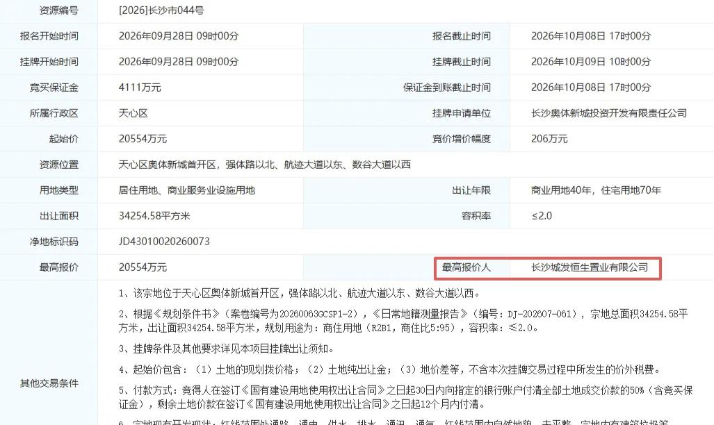 土地出让迎来新突破，城发恒伟底价拿下奥体新城首宗商住地块
 
长株潭融城核心的长