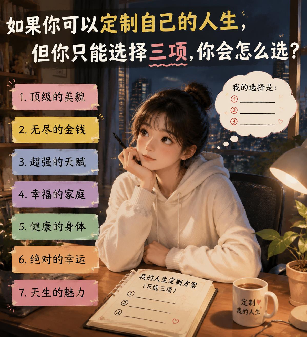 如果你可以定制自己的人生，但你只能选择三项，你会怎么选？
1. 顶级的美貌
2.