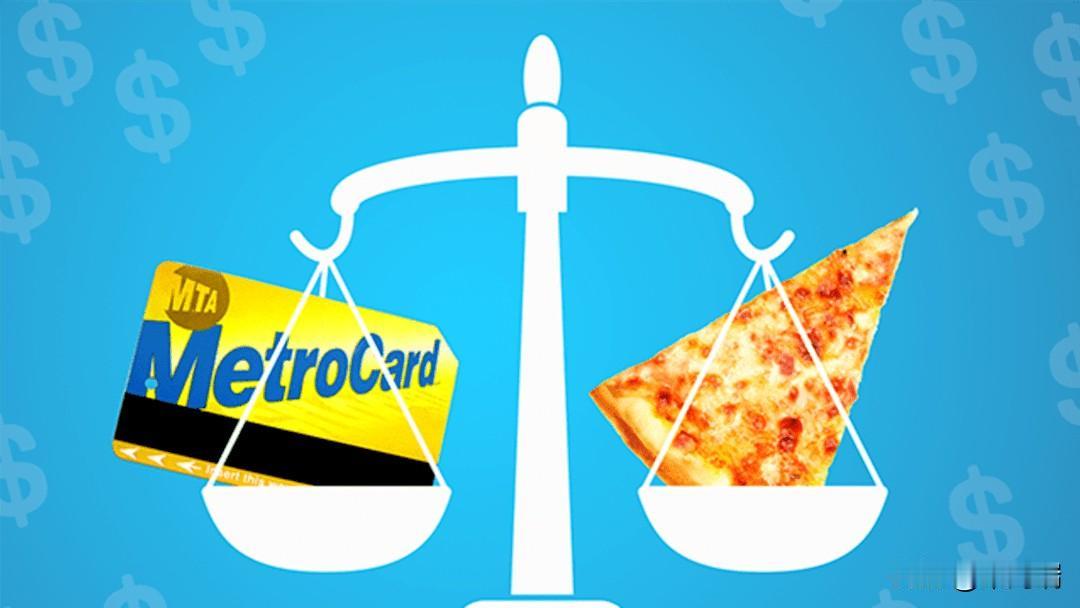 这张信息图表展示了 纽约市披萨价格与地铁票价 的演变，解释了非官方的“披萨原则”